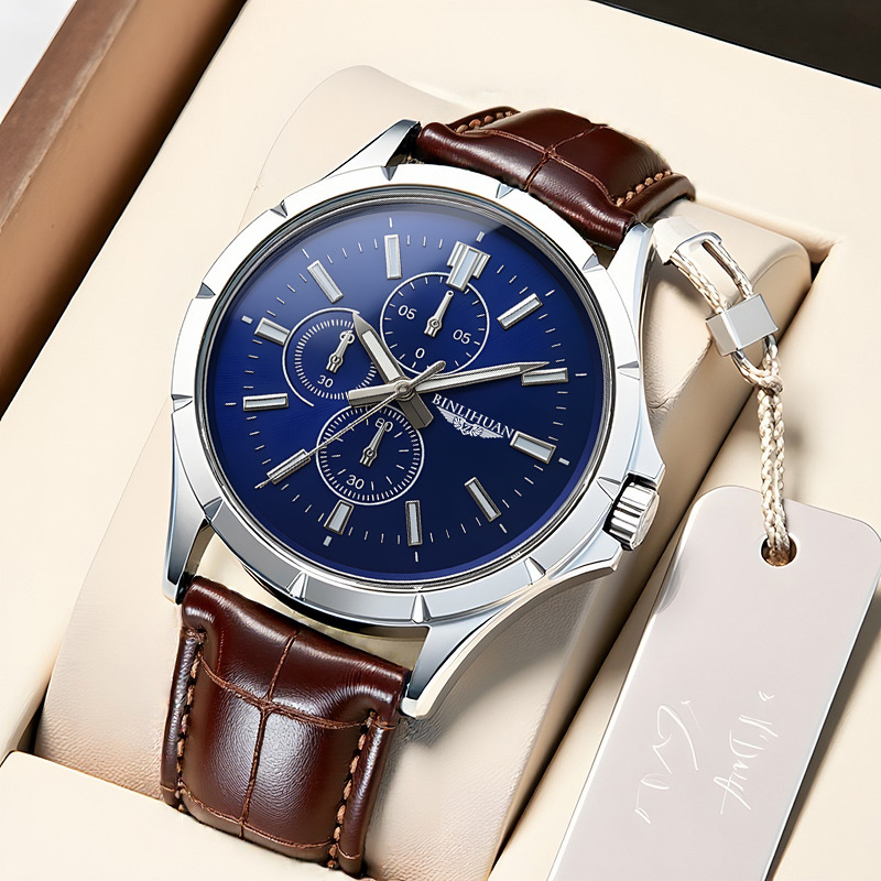 Leather Watch Band Men - Мужские кварцевые часы-хронограф, синий циферблат, коричневый